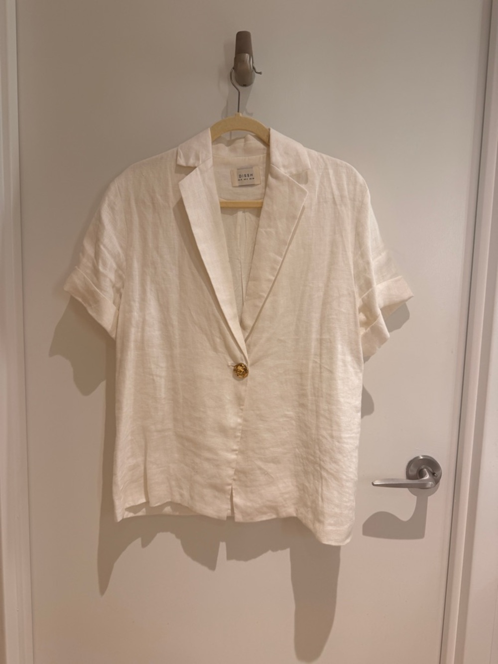 Dissh Cream Short-Sleeve Linen Shirt with Gold Button Detail